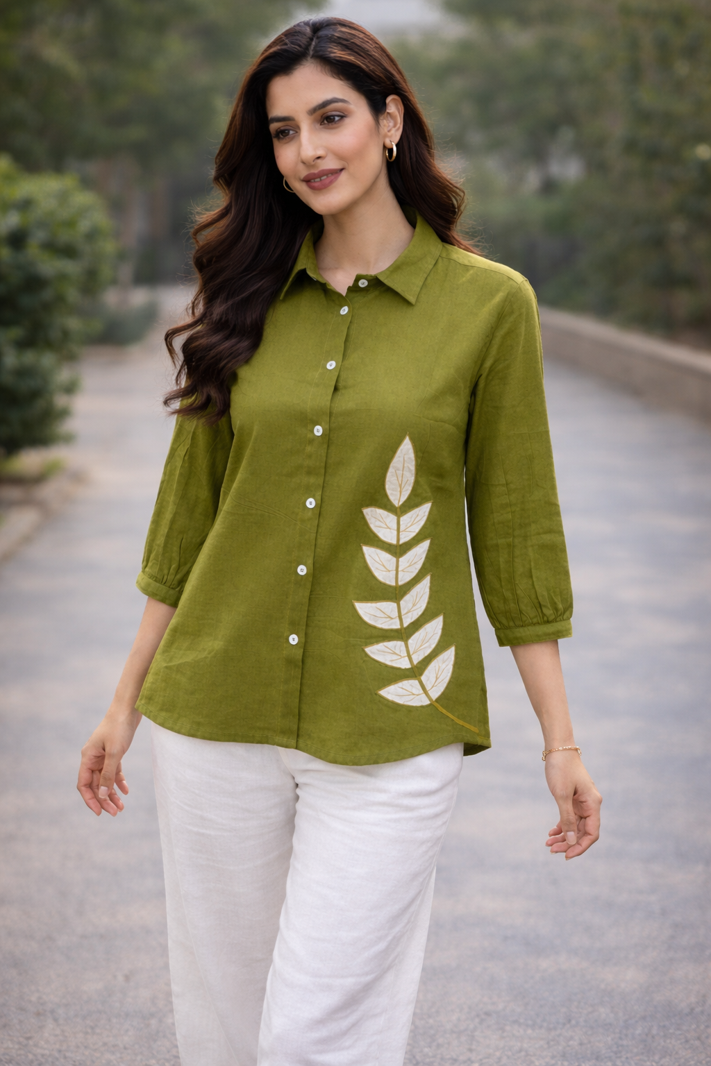 Anvika Olive Cotton Applique Shirt