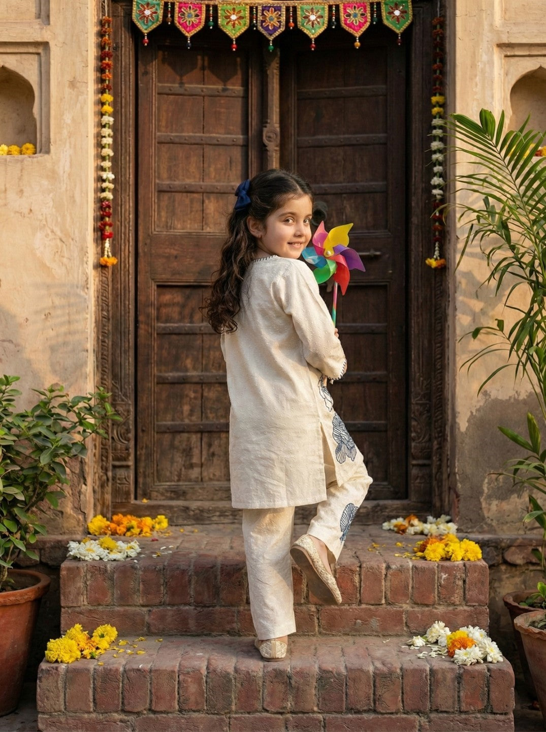 Joy vanilla embroidery kids cotton kurta set