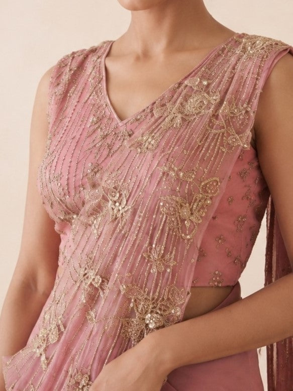 Alpa Peach Bloom Work Ready To Wear Drape Saree