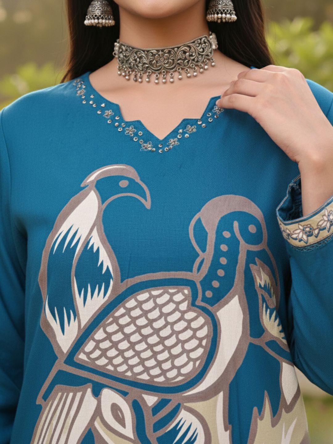 Kabool Peacock Printed Kurta Pant Set