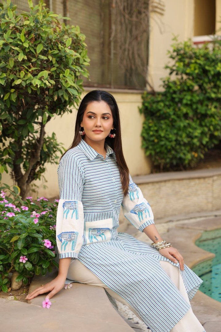 Dyna Azure Printed Stripe Kurta Pant Set