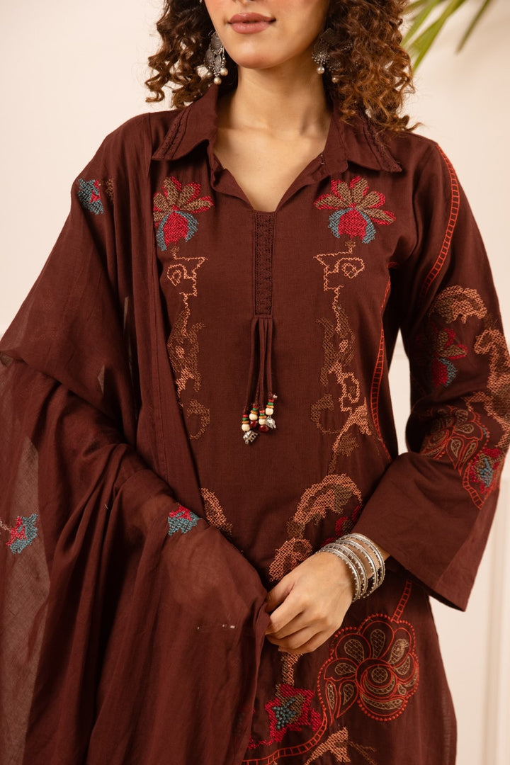 Karen chestnut embroidery cotton suit set