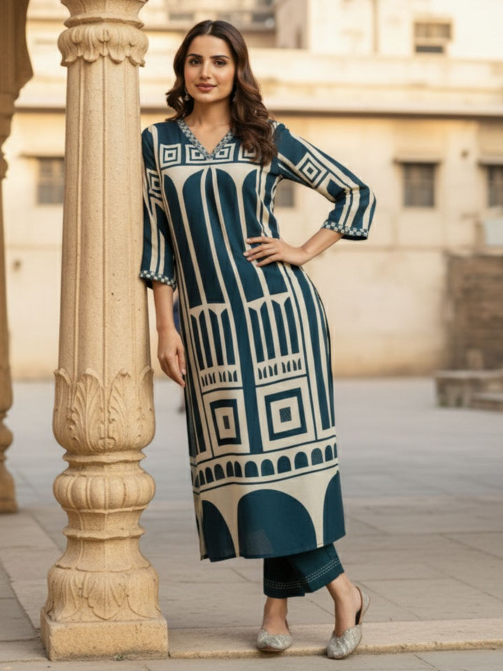 Sargun Teal Digital Printed Kurta Pant Set