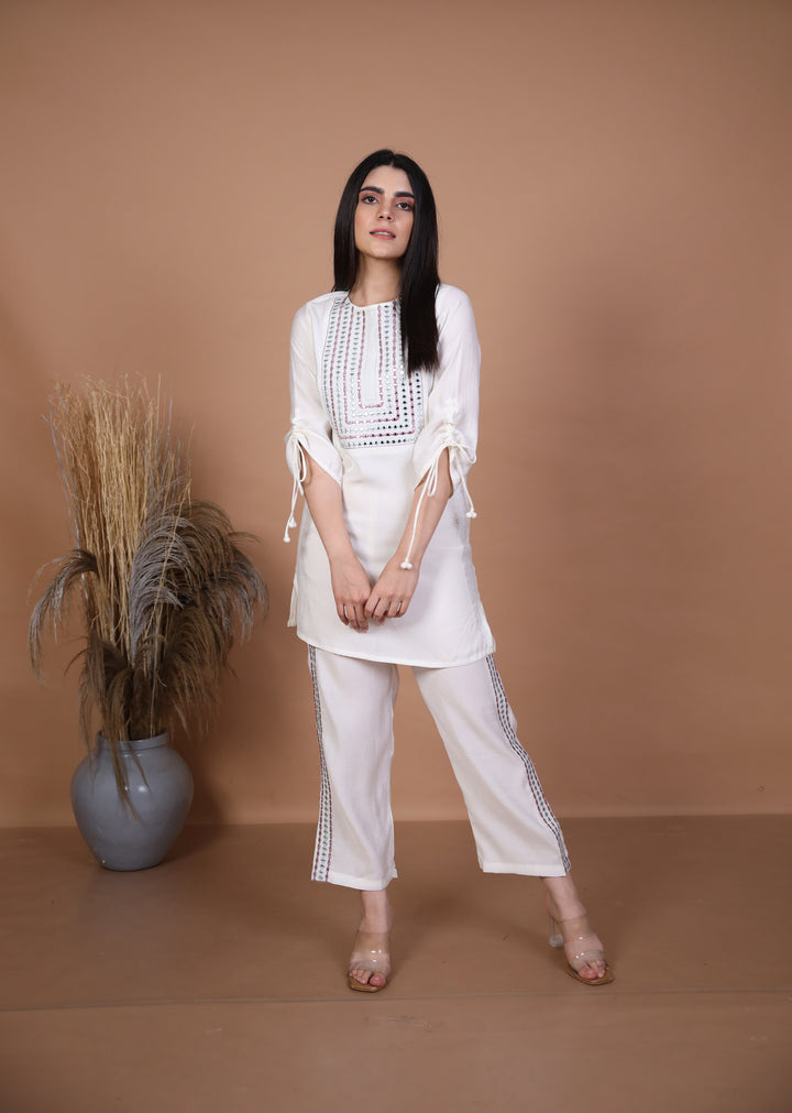 Lama White Embroidered Co-ord Set