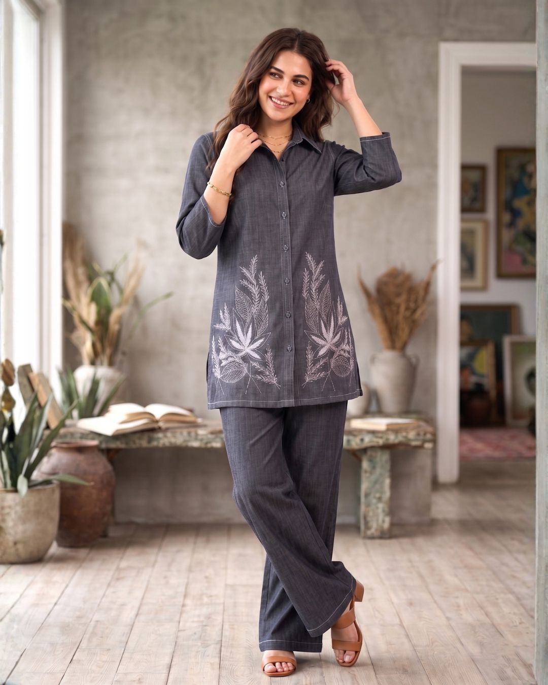Prisha fossil embroidery denim co-ord set