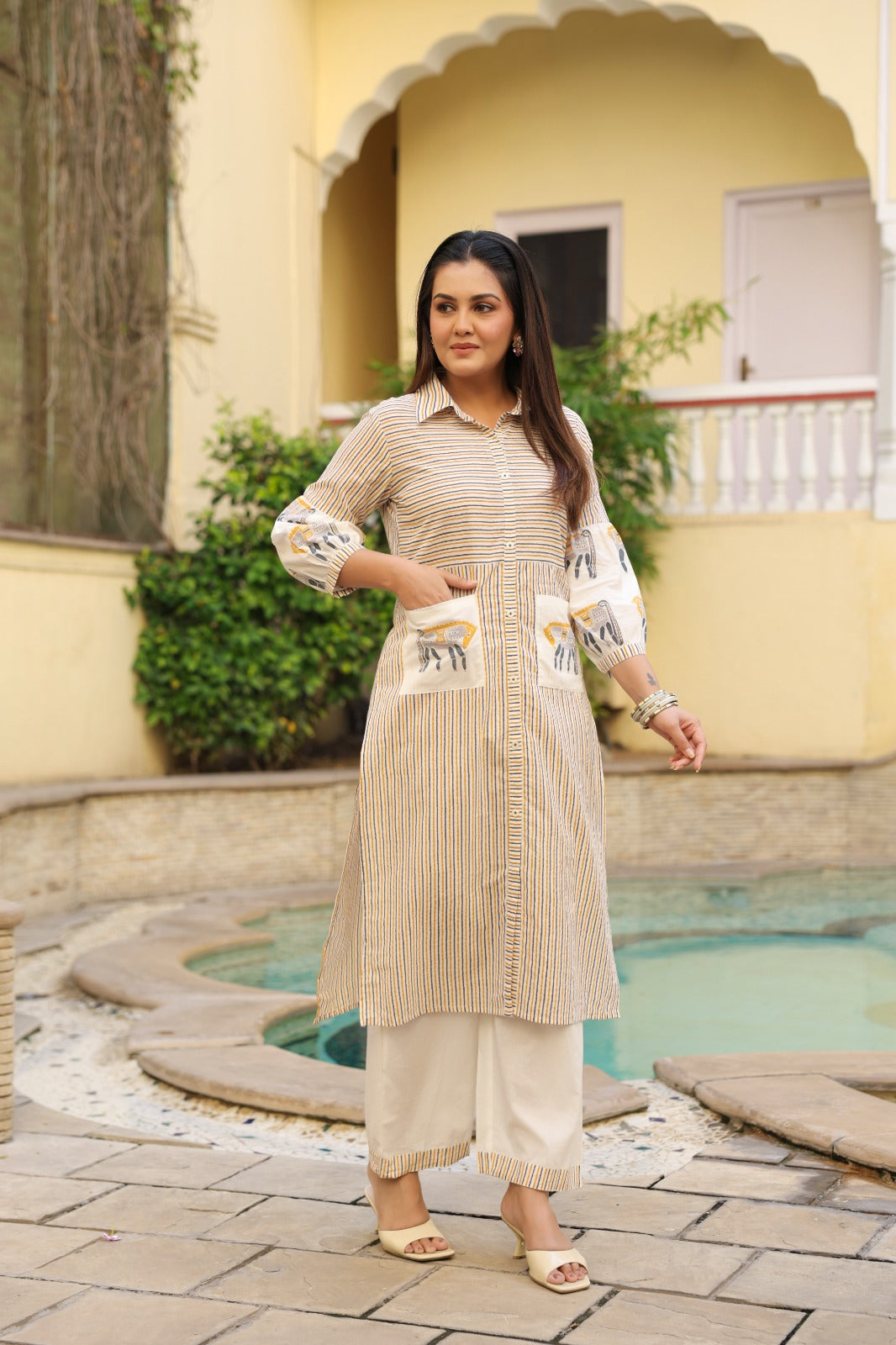 Dyna Amber Printed Stripe Kurta Pant Set
