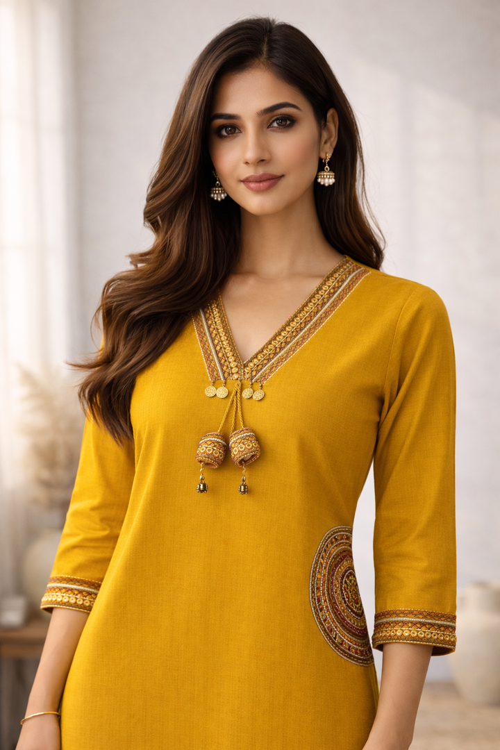 Rushali Mustard Embroidered Kurta Pant Set
