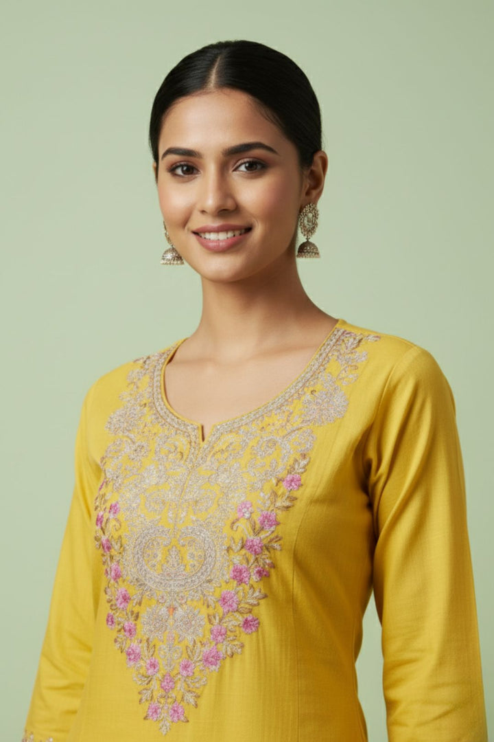 Ira Mustard Embroidered kurta pant set