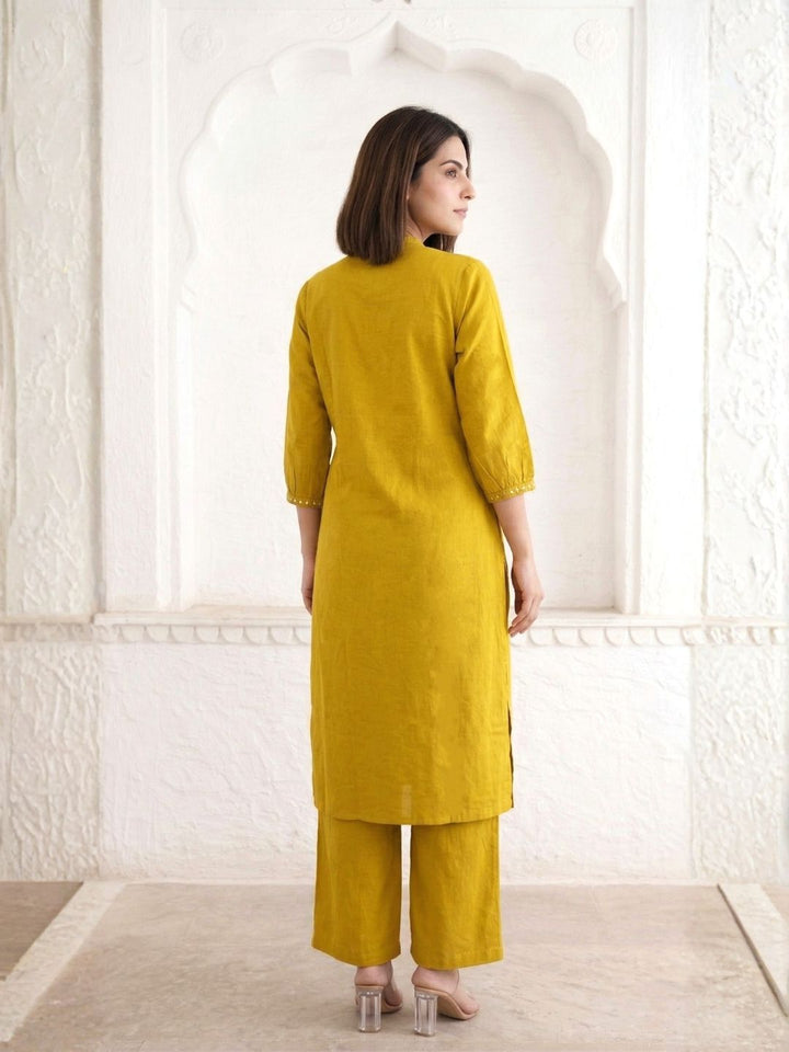 Sarika Gold Cotton Work Kurta Pant Set