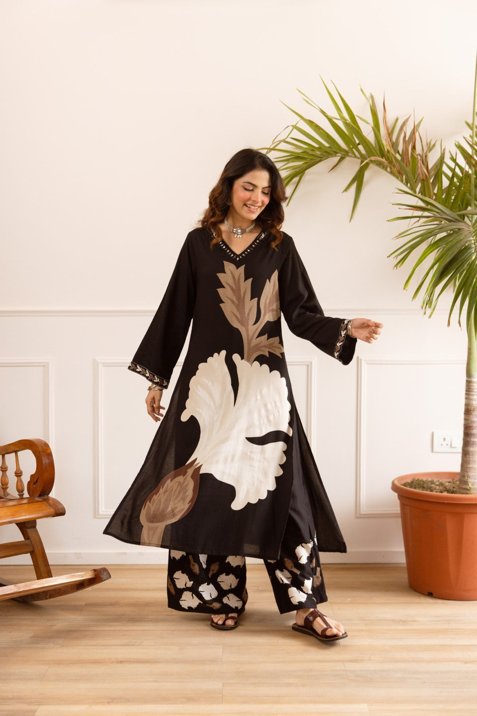 Karen taupe printed cotton kurta pant set