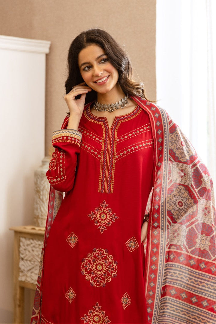 Karen Crimson Embroidery Cotton Suit set