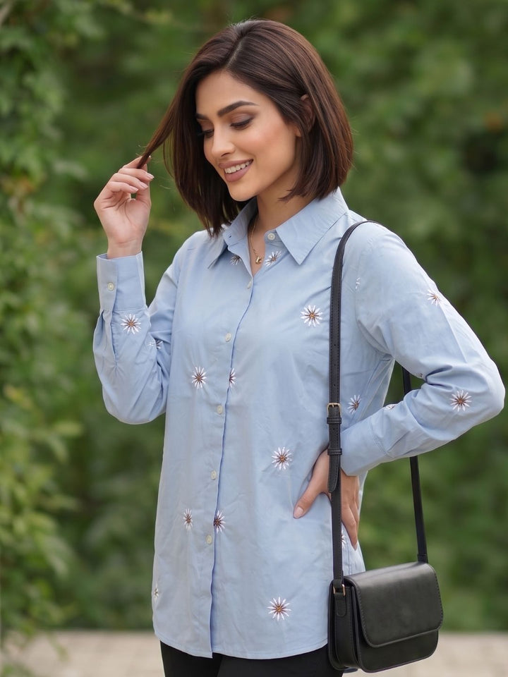 Mohini Soft Blue Cotton Embroidered Shirt