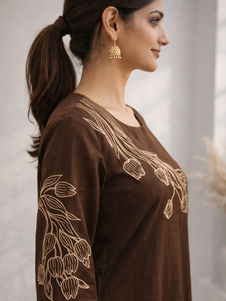 Mishka Coffee Embroidered Kurta Pant Set