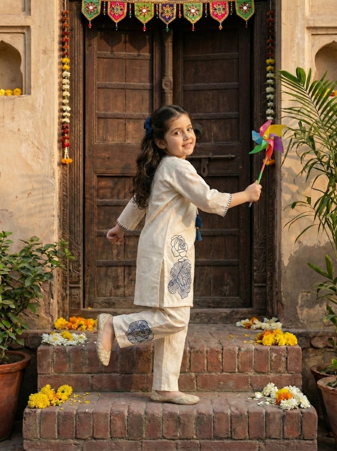 Joy vanilla embroidery kids cotton kurta set