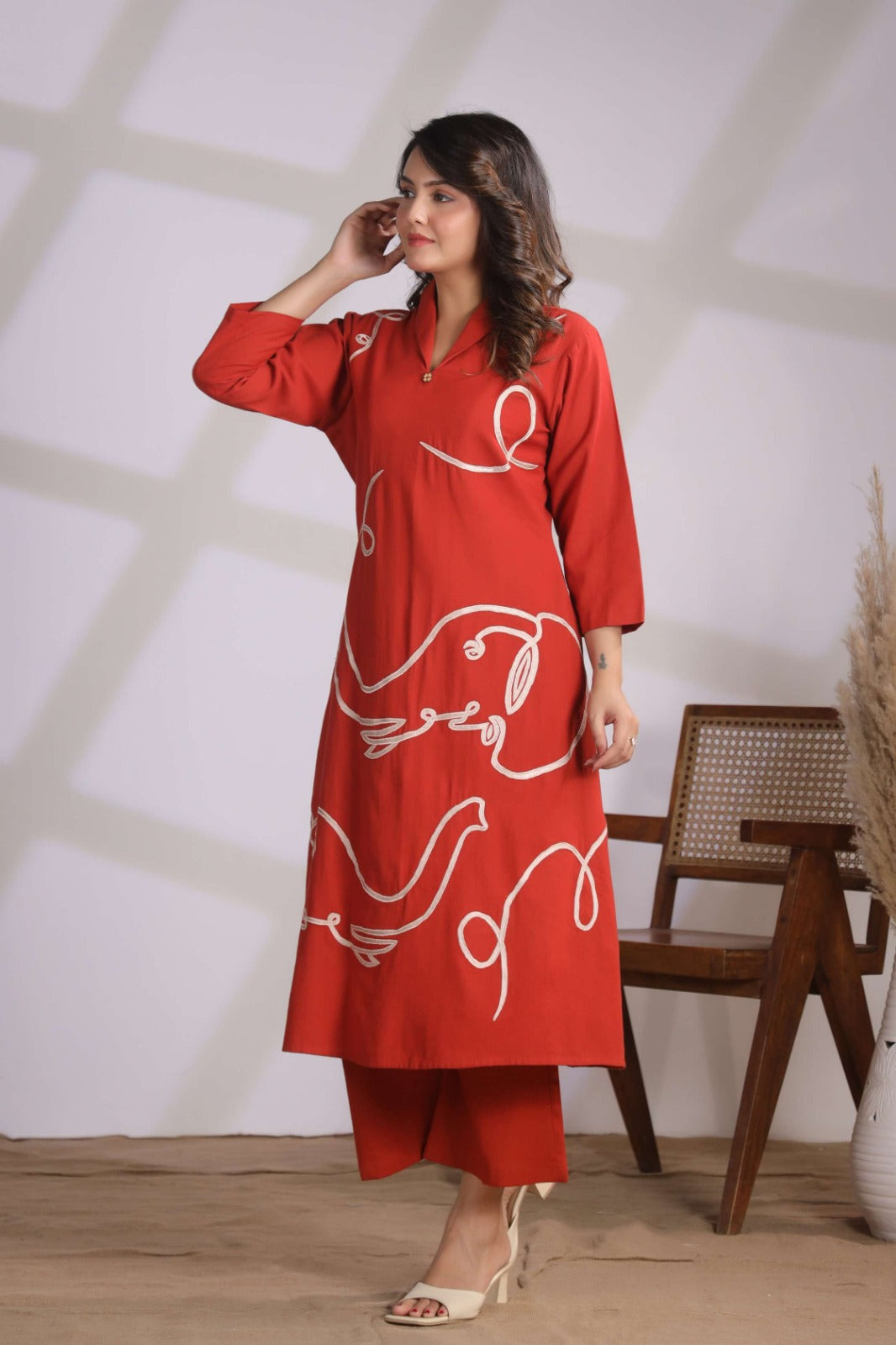 Chhavi Coral Embroidered Kurta Pant Set