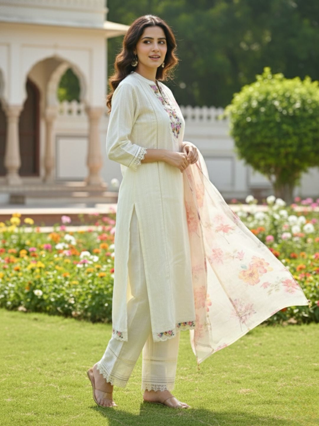 Shabnam Cream Full Work Suit Set with Floral Organza Dupatta