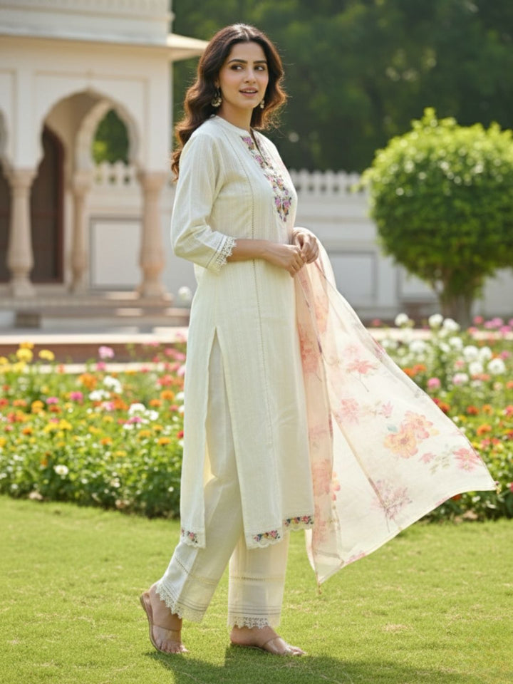 Shabnam Cream Full Work Suit Set with Floral Organza Dupatta