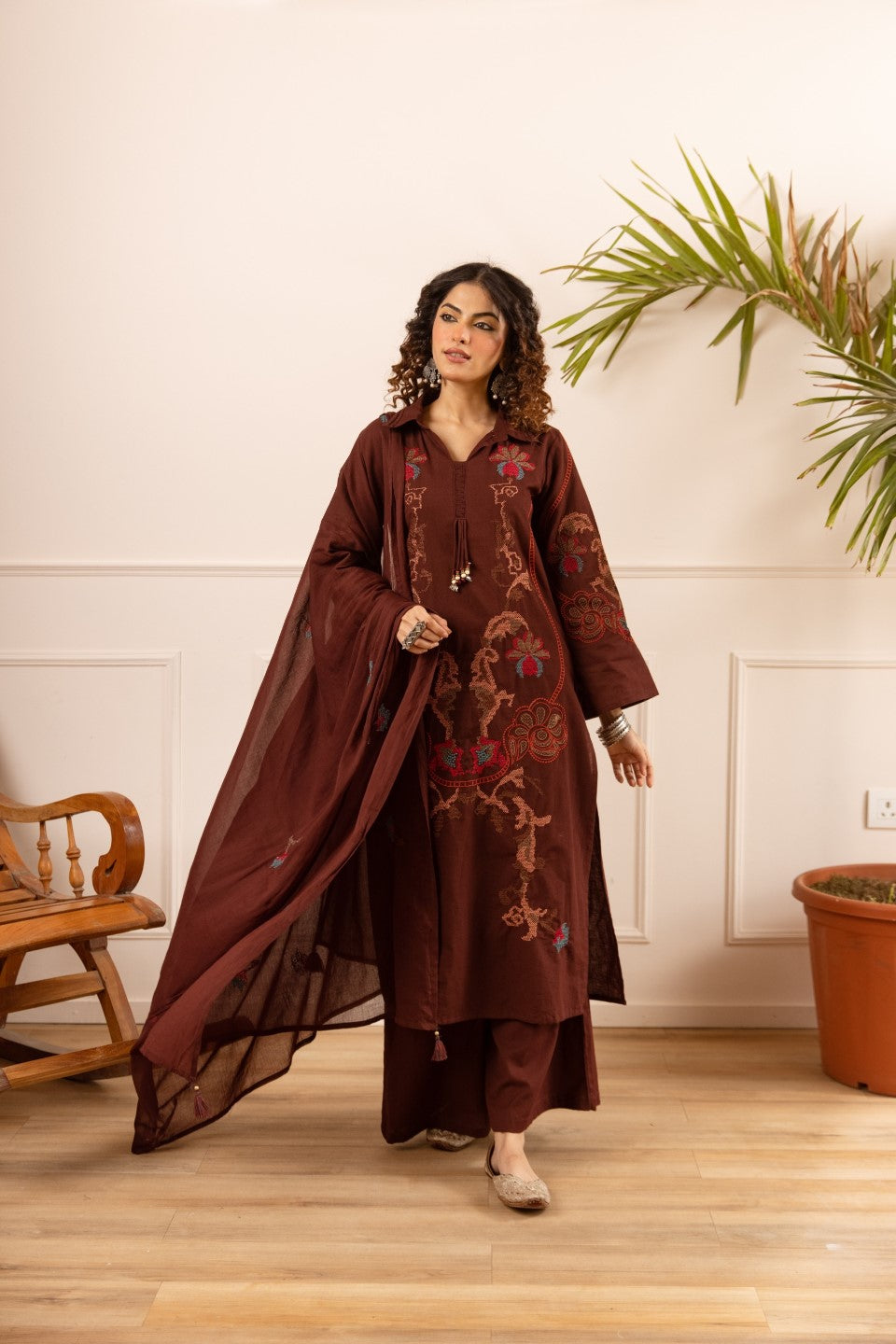 Karen chestnut embroidery cotton suit set
