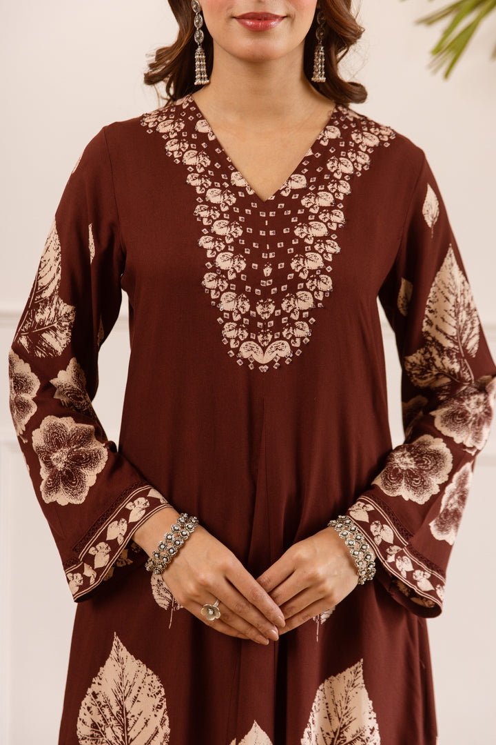 Karen berry wine printed cotton kurta pant set