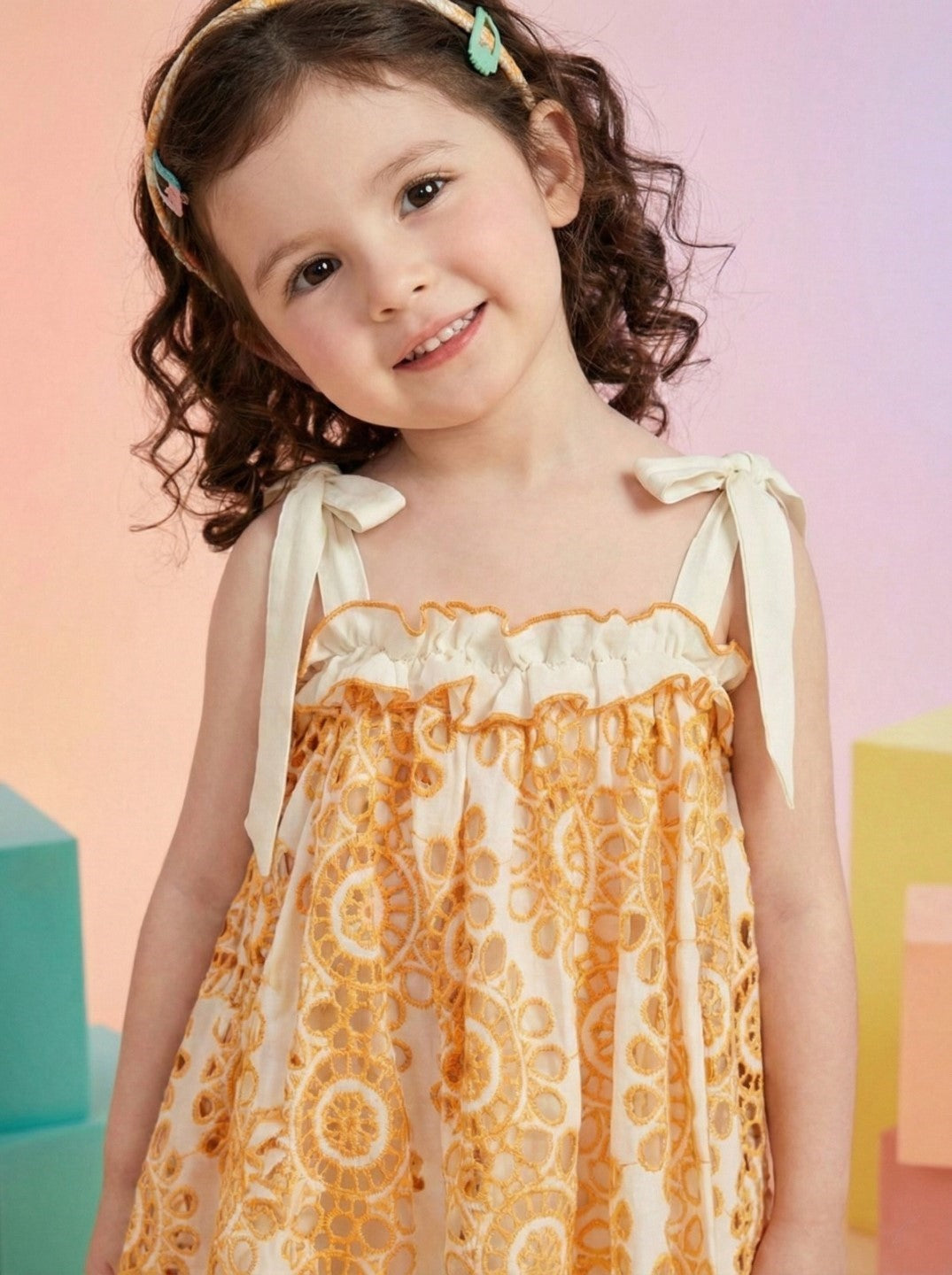 Joy coral schiffli cotton kids dress