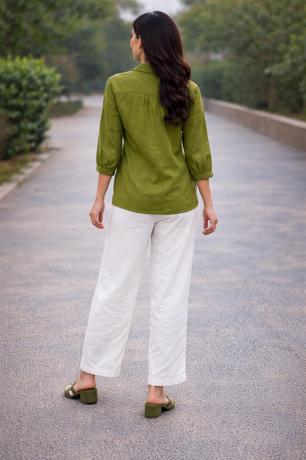 Anvika Olive Cotton Applique Shirt