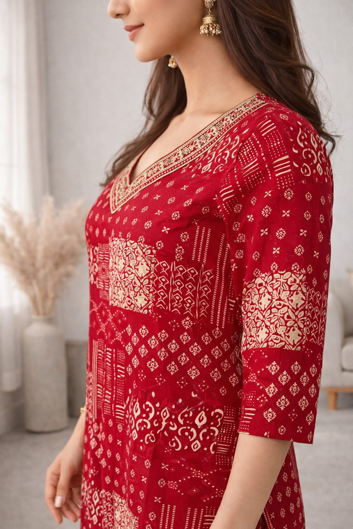 Barnali Carmine Printed Work Kurti