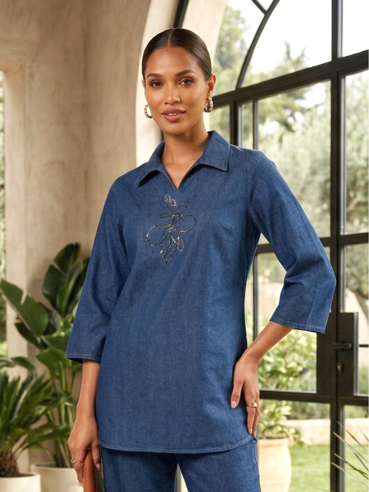 Prisha aero embroidery denim co-ord set