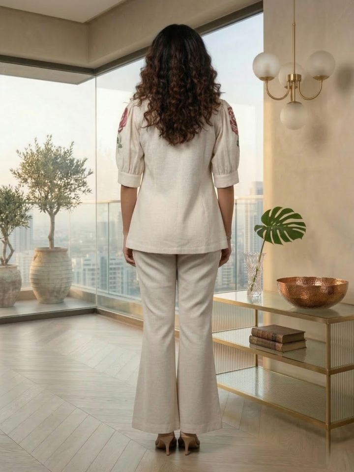 Drona pearl embroidery cotton 3 pc co-ord set