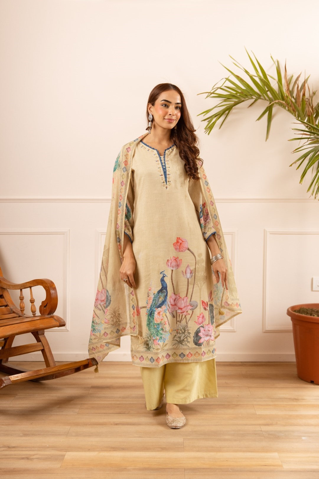 Mihika tan printed cotton suit set