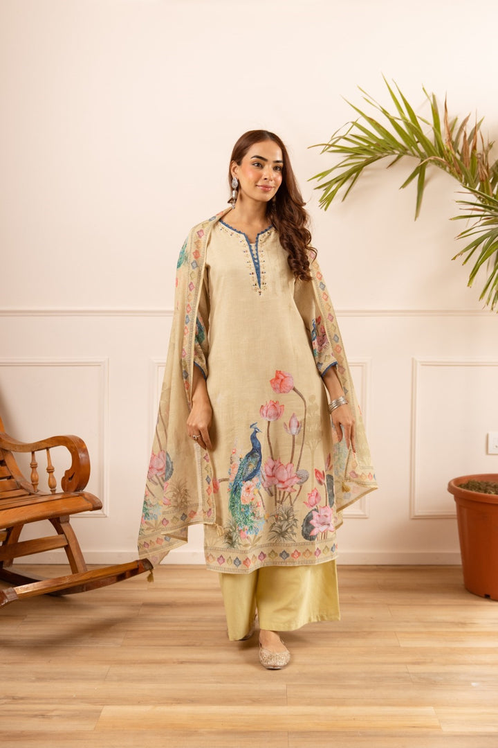 Mihika tan printed cotton suit set