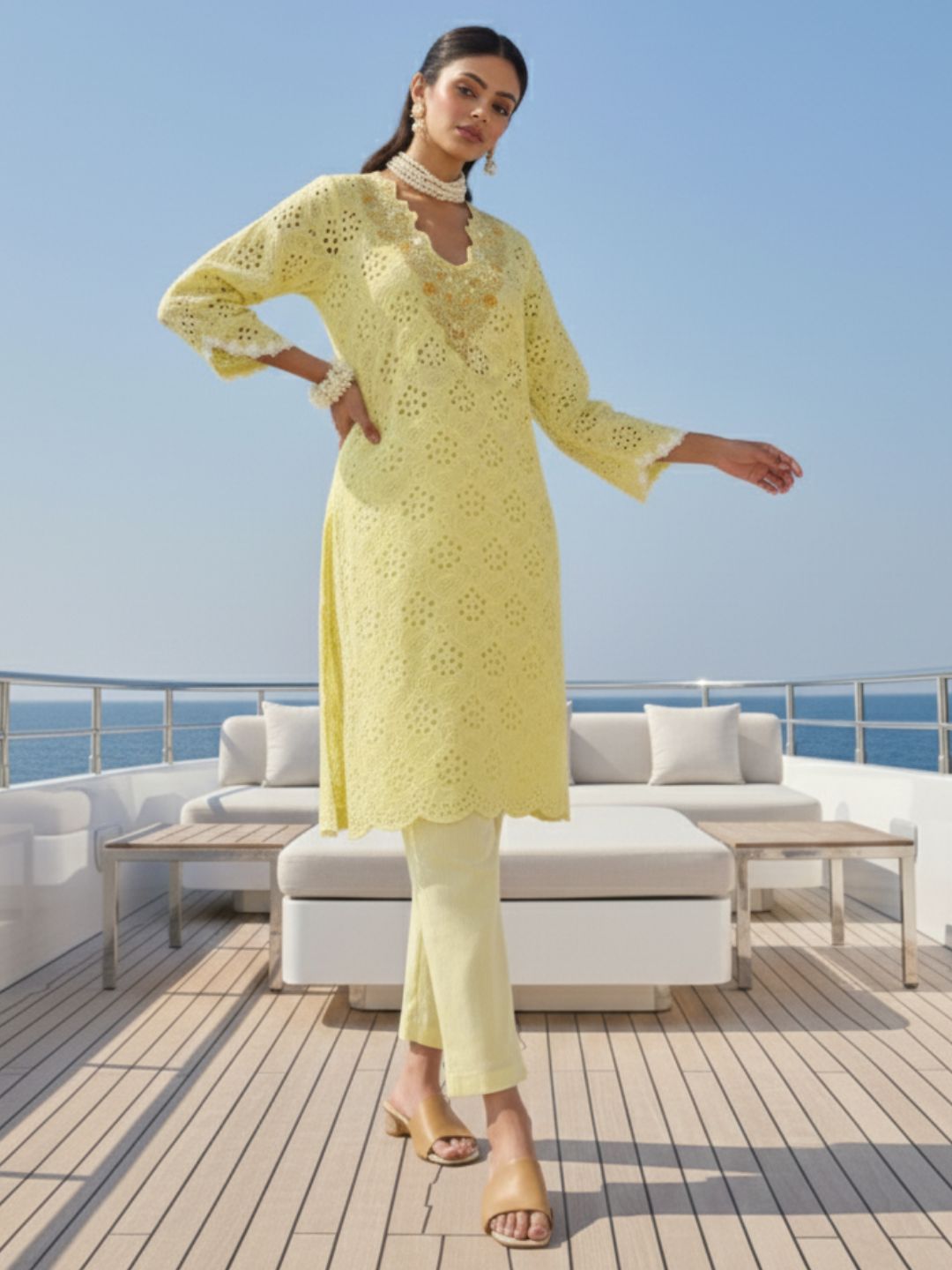 Anumeha Lime schiffli cotton co-ord set