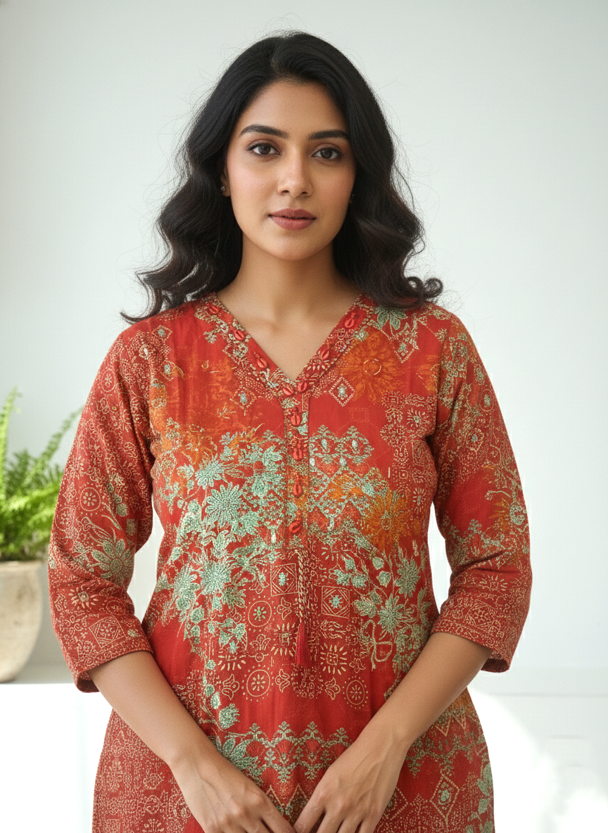 Reet Carmine Printed Work Suit Set