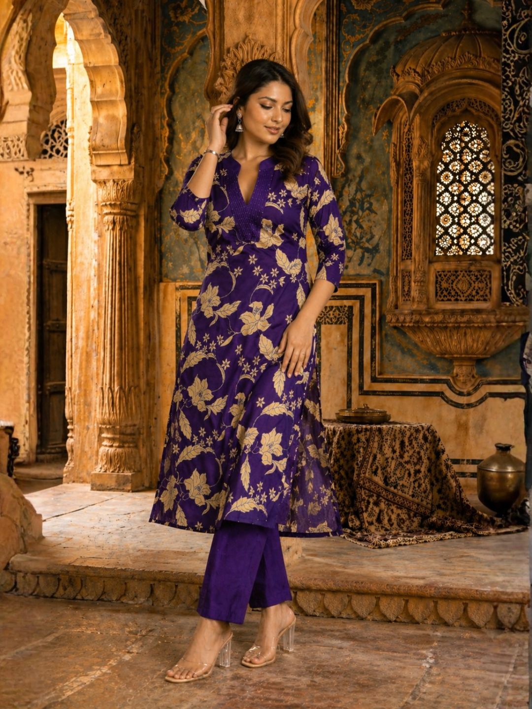 SASHA ORCHID PRINTED COTTON KURTA PANT SET