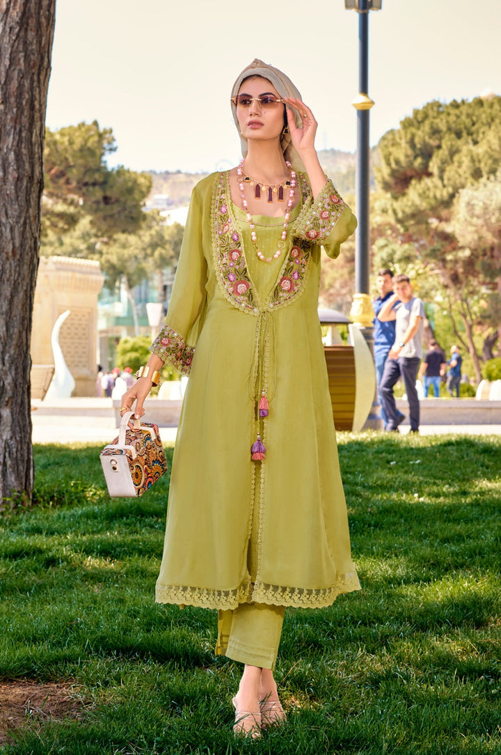 Resha Olive Embroidery Designer Organza Jacket Set