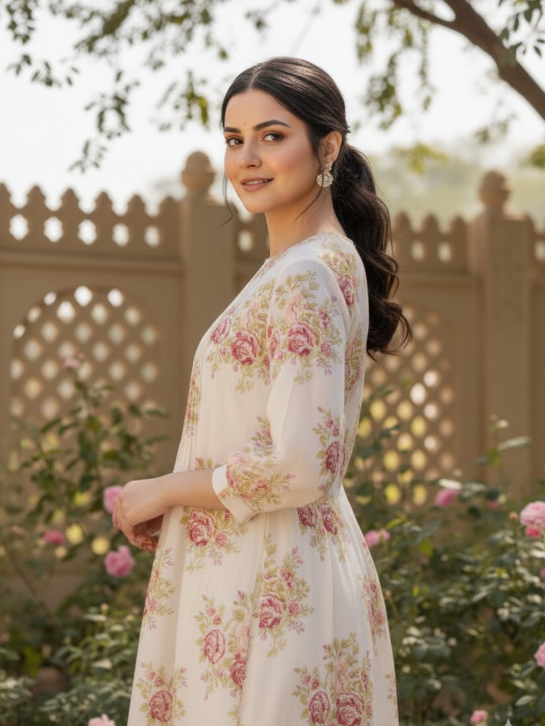 Manjula Caramel Floral Cotton Kurta Pant Set