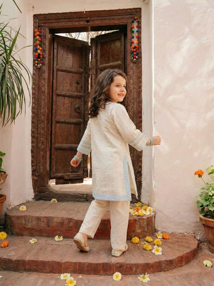 Joy pearl embroidery kids kurta pant set