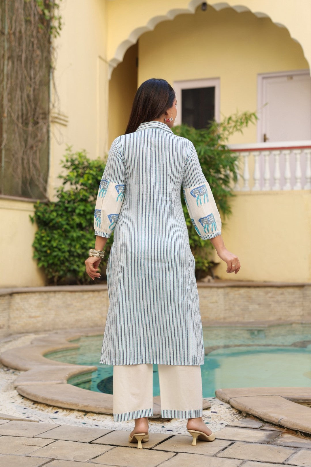 Dyna Azure Printed Stripe Kurta Pant Set