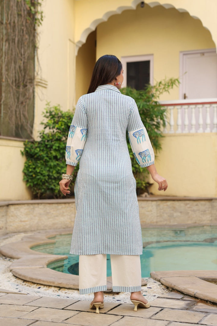 Dyna Azure Printed Stripe Kurta Pant Set