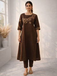 Mishka Coffee Embroidered Kurta Pant Set