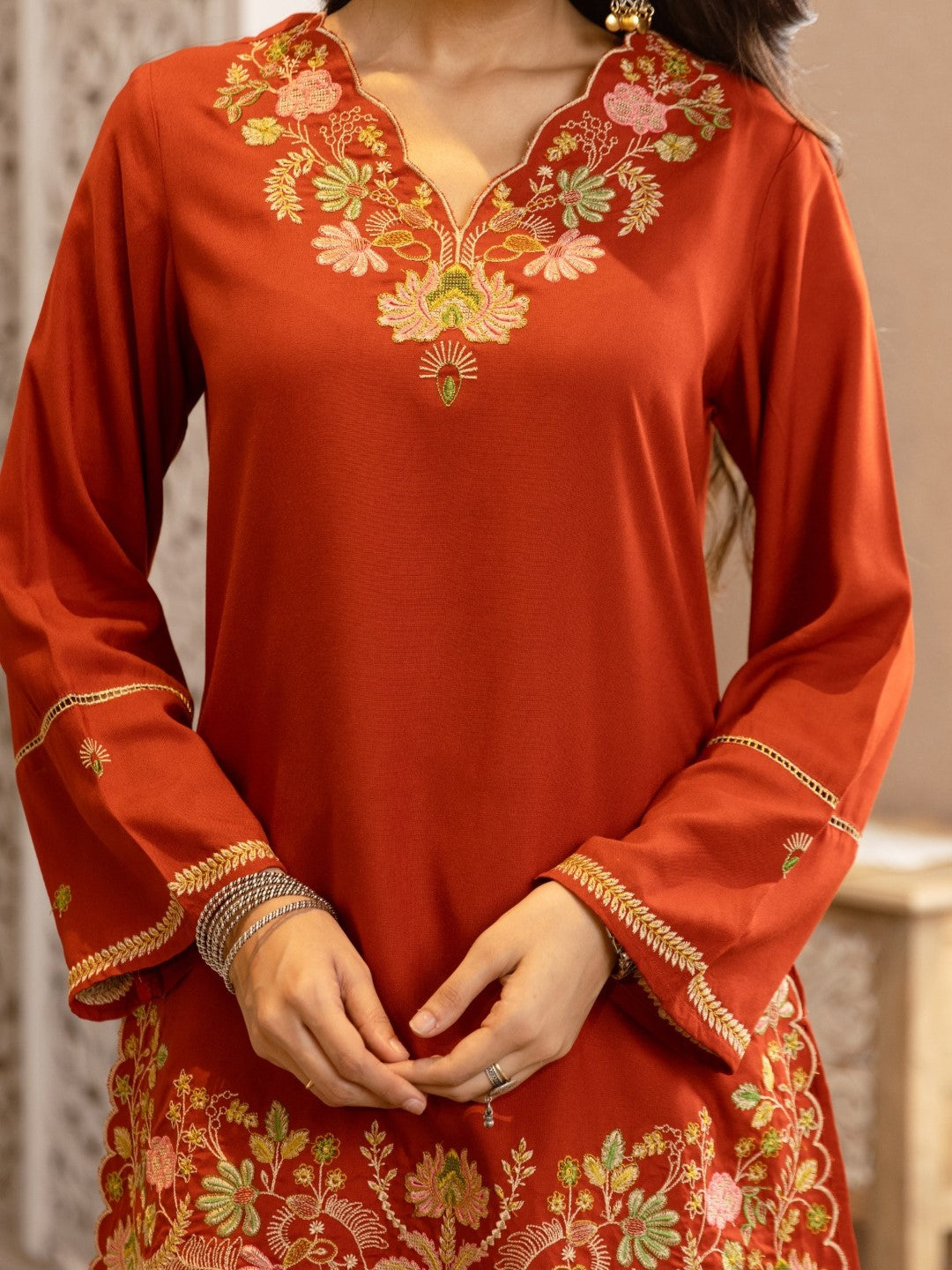 Karen Apricot Embroidery Cotton Co-ord Set
