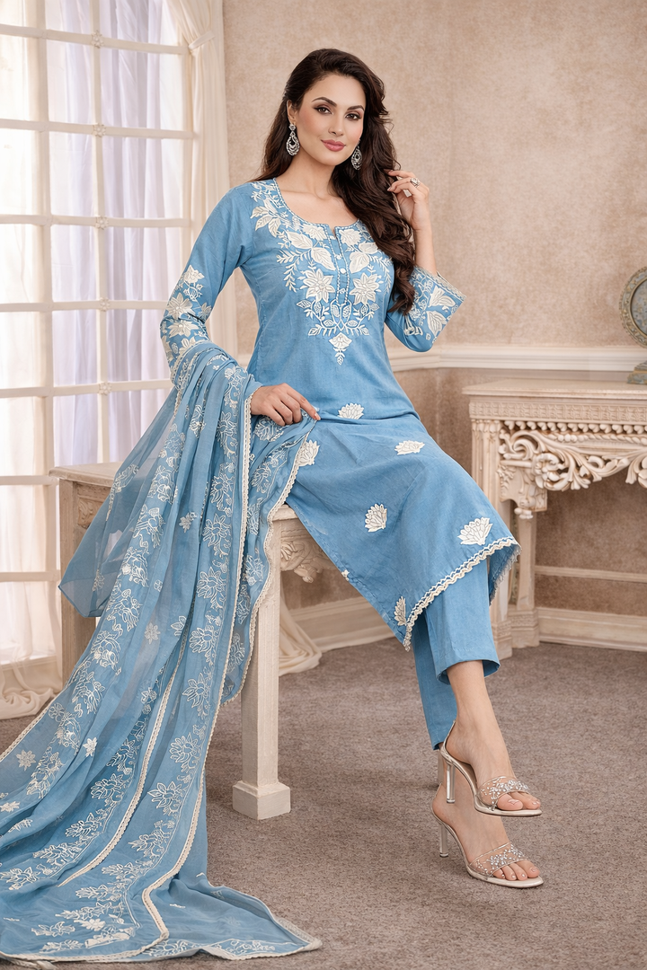 Bahara Softblue Printed Embroidered Suit Set