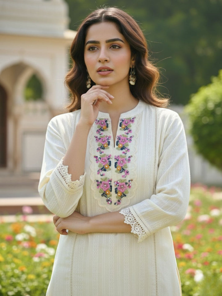 Shabnam Cream Full Work Suit Set with Floral Organza Dupatta