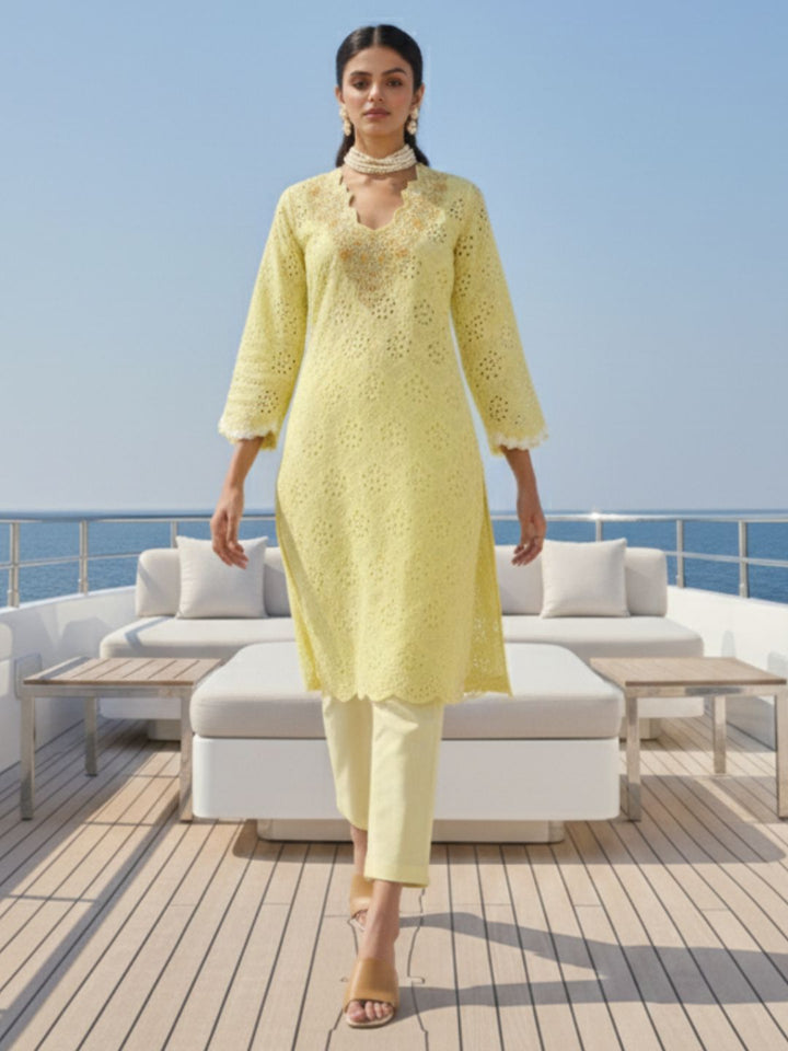 Anumeha Lime schiffli cotton co-ord set