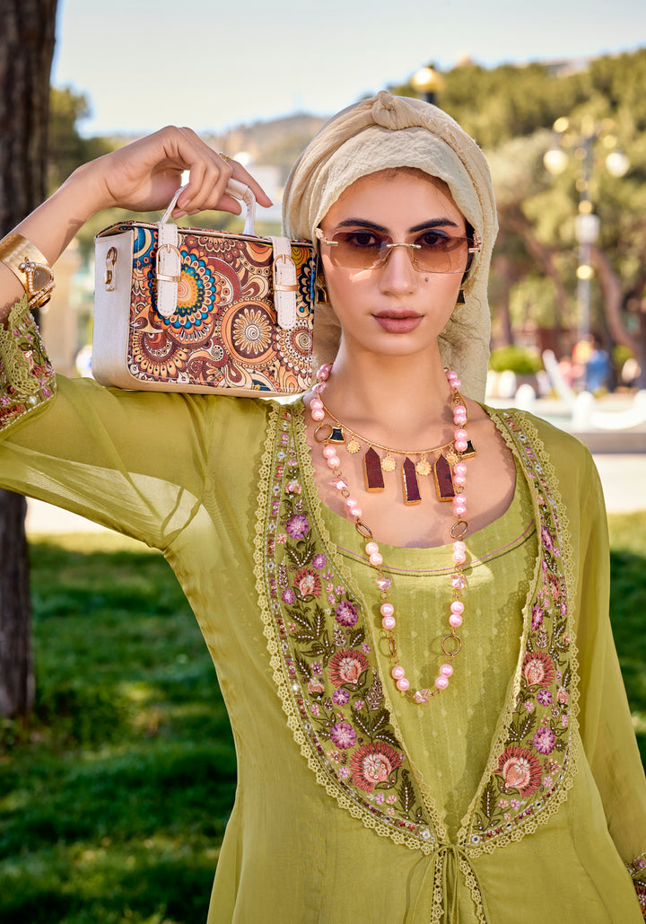 Resha Olive Embroidery Designer Organza Jacket Set