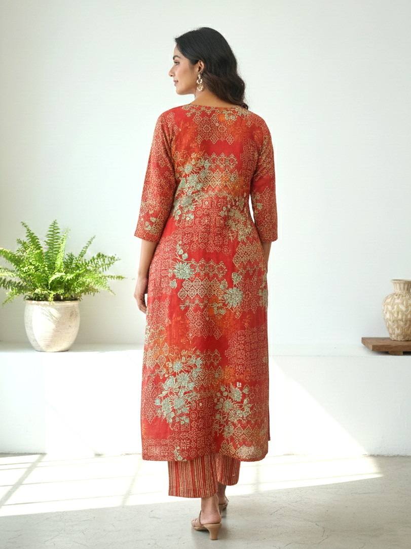 Reet Carmine Printed Work Suit Set