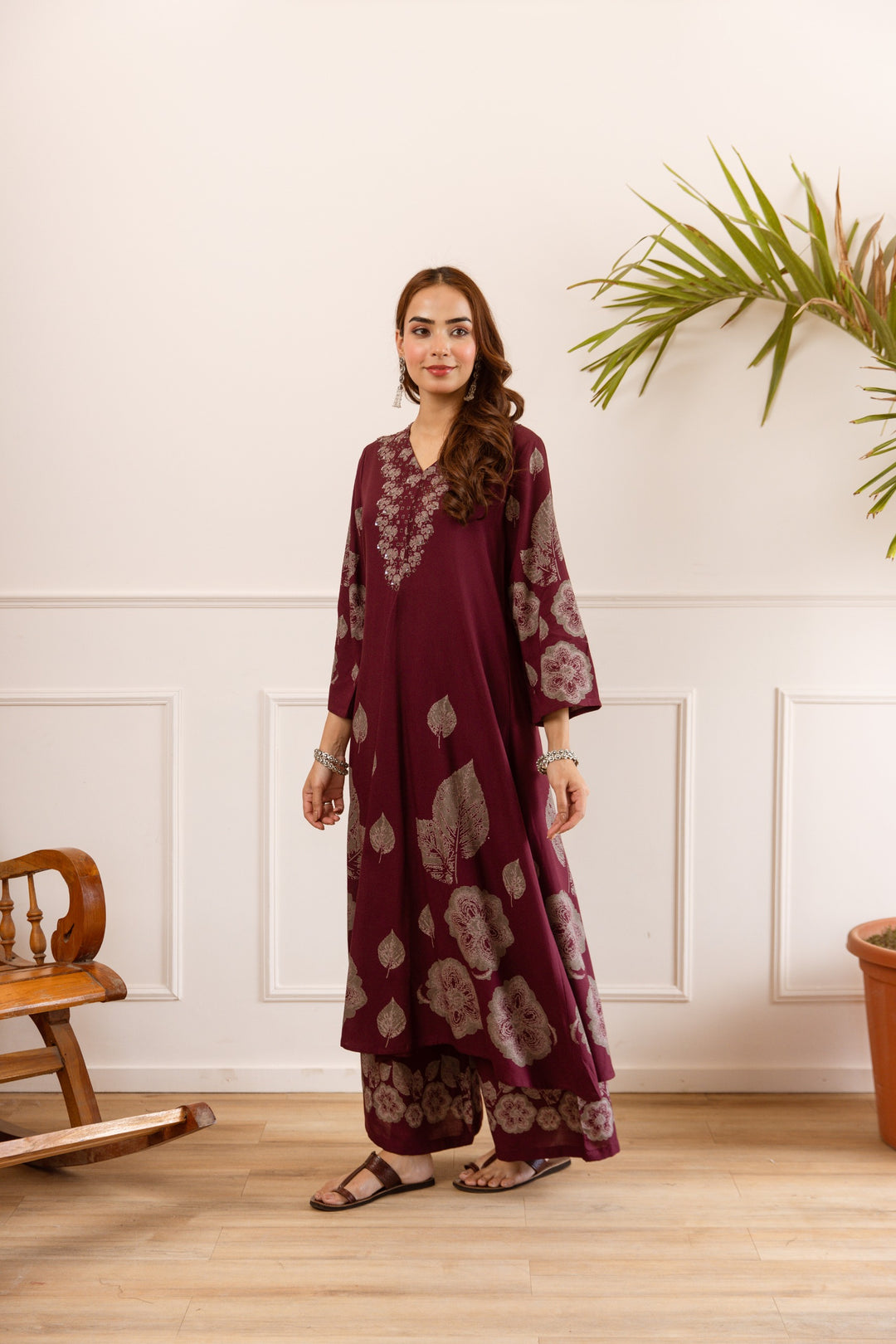Karen berry wine printed cotton kurta pant set