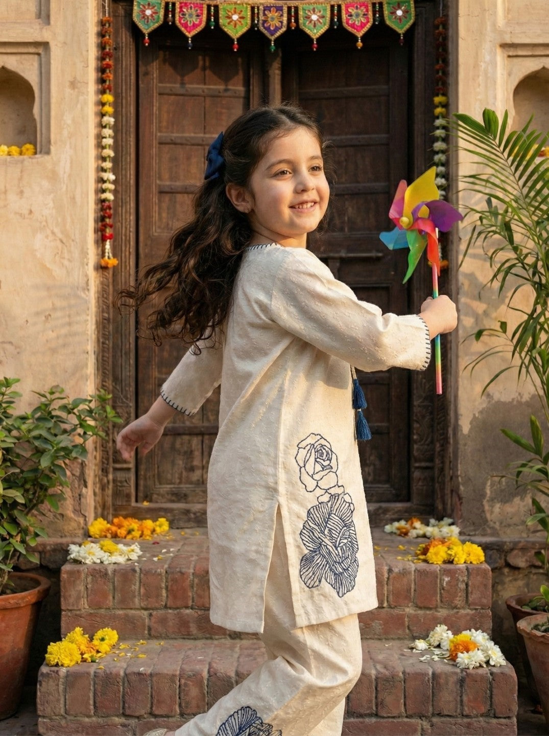 Joy vanilla embroidery kids cotton kurta set