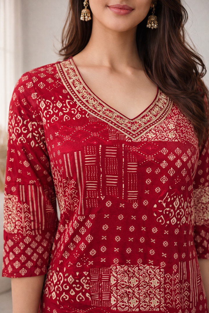 Barnali Carmine Printed Work Kurti