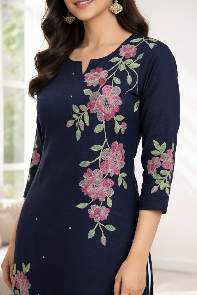 Sarvari Navy Embroidered Kurti