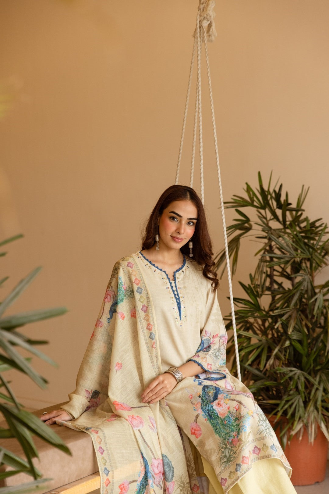 Mihika tan printed cotton suit set